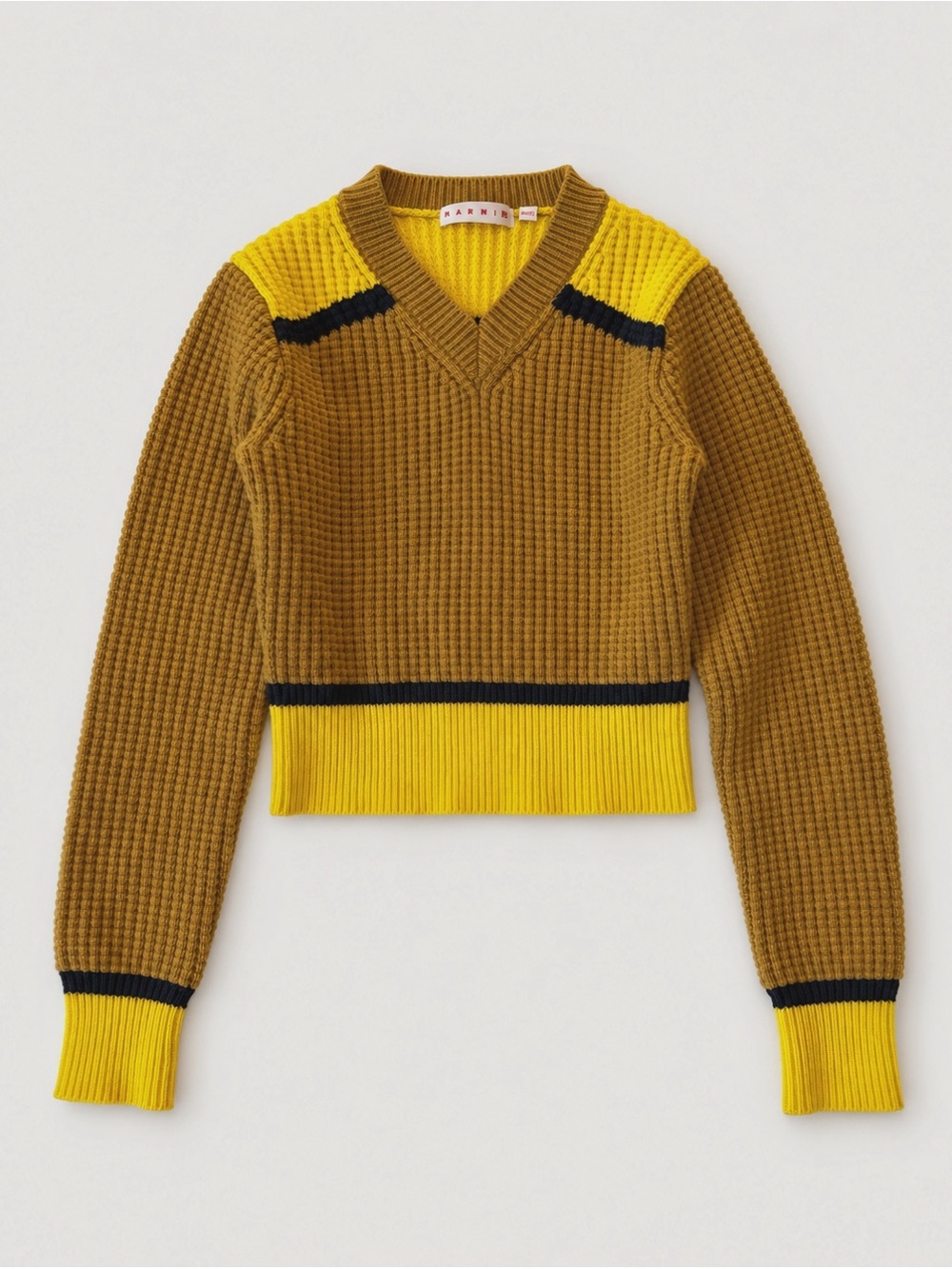 MARNI x Uniqlo Mustard Yellow Colorblock V-Neck Knit Sweater XS Contemporary